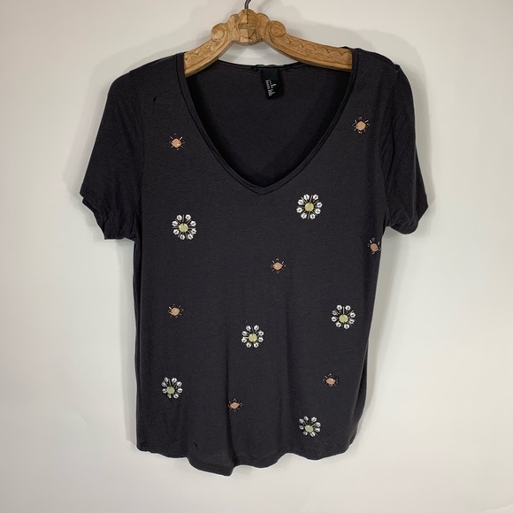 H&M Tops - H&M Beaded Embellished T Shirt Dark Grey V Neck